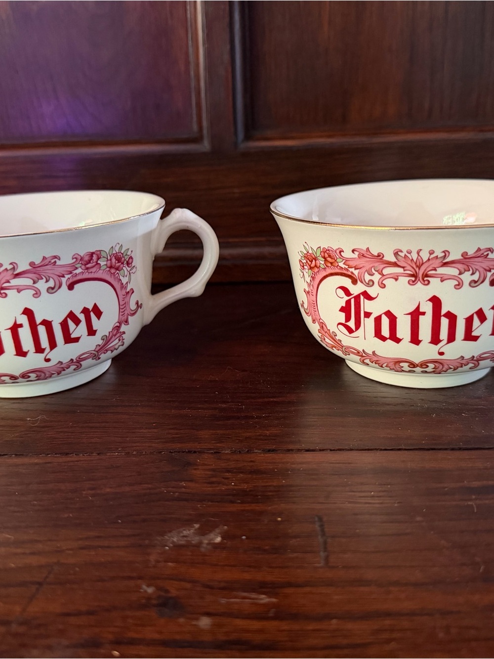Father Mother Oversized Porcelain Teacups - Red and White
